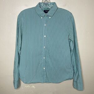 AEO Stretch Button Down Striped Shirt Green & Pink Prep School Academia Small
